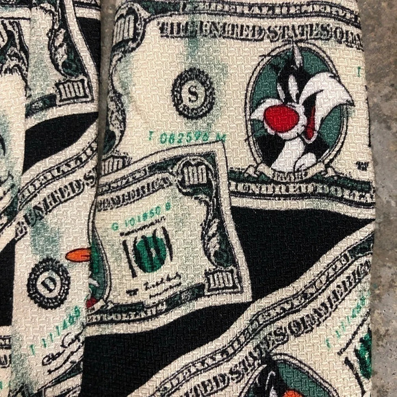 1995 Looney Tunes Mania 100 Dollar Bill 100% Silk Necktie Tie Hand Made EUC - Picture 7 of 7